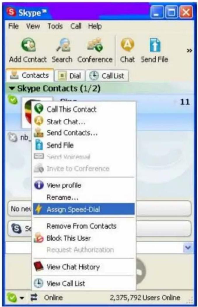 Skype File View Tools Call Help Add Contact Search Conference Chat Send File Contacts Dial Call List Skype Contacts (1/2) Call This Contact Start Chat... Send Contacts... Send File Send Voiremail Invite to Conference View profile Rename... Assign Speed-Dial Remove From Contacts Block This User Request Authorization View Chat History View Call List No new S Se Online 2,375,792 Users Online