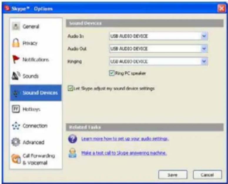 Skype Options General Privacy Notifications Sounds Sound Devices Audio In: USB AUDIO DEVICE Audio Out: USB AUDIO DEVICE Ringing: USB AUDIO DEVICE Ring PC speaker Let Skype adjust my sound device settings Hotkeys Connection Advanced Call Forwarding & Voicemail Related Tasks Learn more how to set up your audio settings. Make a text call to Skype answering machine. Save Cancel