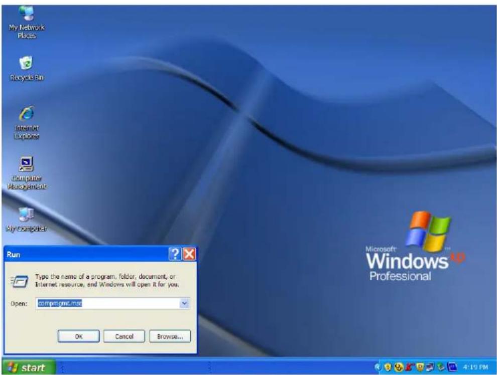My Network Places Recycle Bin Internet Explorer Computer Management My computer Run Type the name of a program, folder, document, or Internet resource, and Windows will open it for you. Open: compengmc.msc OK Cancel Browse... Microsoft: Windows Professional start
