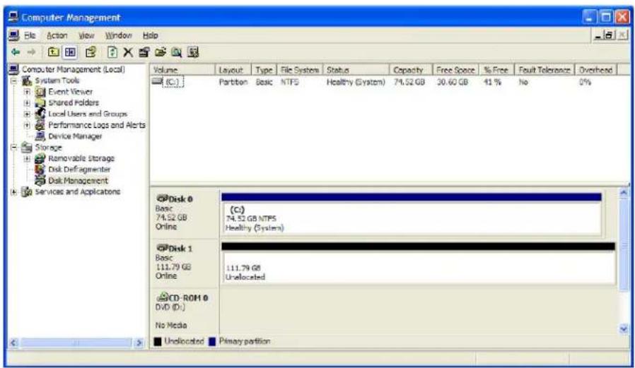 Computer Management File Action View Window Help Computer Management (Local) System Tools Event Viewer Shared Polders Local Users and Groups Performance Logs and Alerts Device Manager Storage Removable Storage Disk Defragmenter Disk Management Services and Applications Volume Layout Type File System Status Capacity Free Space % Free Fault Tolerance Overhead Partition Basic NTFS Healthy (System) 74.52 GB 30.60 GB 41% No 0% Disk 0 Basic 74.52 GB Online (C:) 74.52 GB NTFS Healthy (System) Disk 1 Basic 111.79 GB Online 111.79 GB Unallocated CD-ROM 0 DVD (D:) No Media Unallocated Primary portion