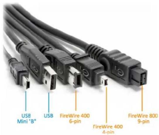 USB Mini 'B" USB FireWire 400 6-pin FireWire 400 4-pin FireWire 800 9-pin