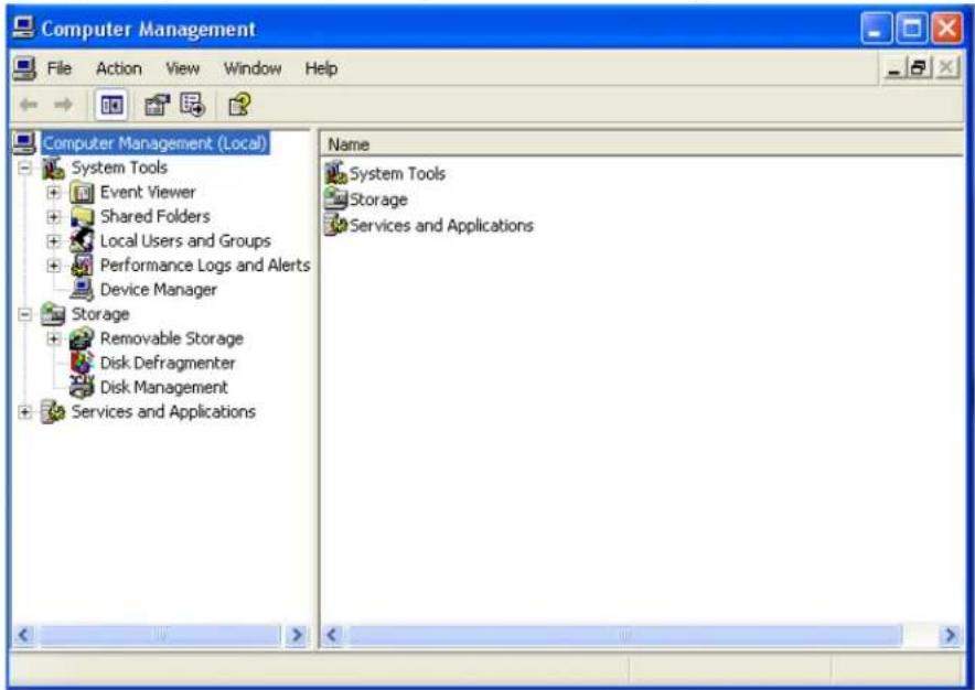 Computer Management File Action View Window Help Computer Management (Local) System Tools Event Viewer Shared Folders Local Users and Groups Performance Logs and Alerts Device Manager Storage Removable Storage Disk Defragmenter Disk Management Services and Applications Name System Tools Storage Services and Applications