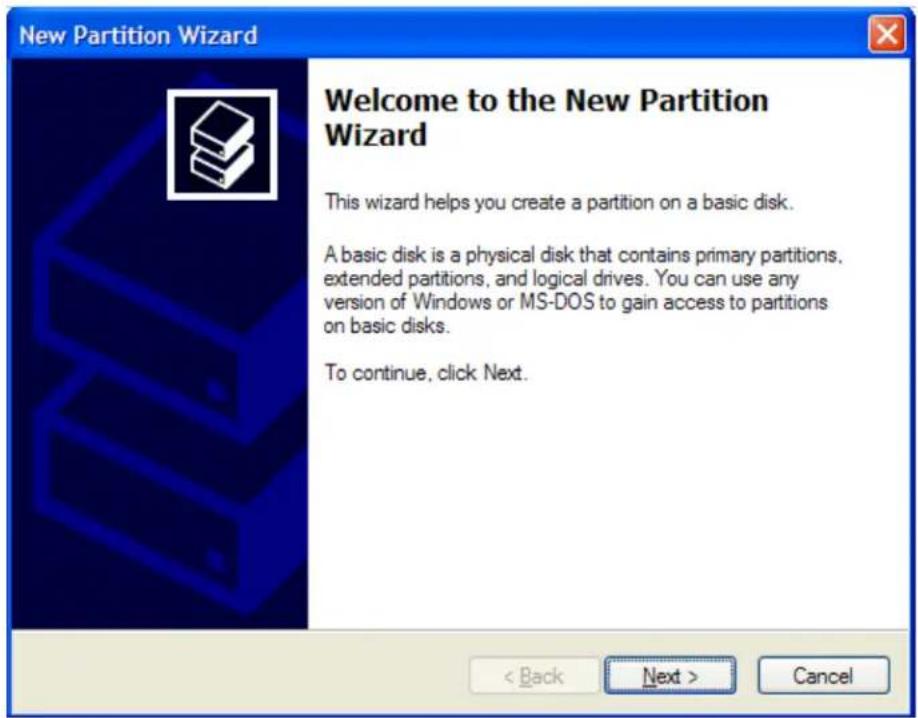 New Partition Wizard Welcome to the New Partition Wizard This wizard helps you create a partition on a basic disk. A basic disk is a physical disk that contains primary partitions, extended partitions, and logical drives. You can use any version of Windows or MS-DOS to gain access to partitions on basic disks. To continue, click Next. < Back Next > Cancel