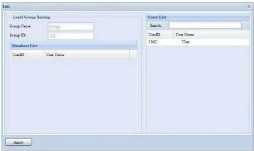 Edit Local Group Setting Group Name: Enamp Group ID: 103 Members List UserID User Name Users List Search: UserID User Name 1002 User Apply