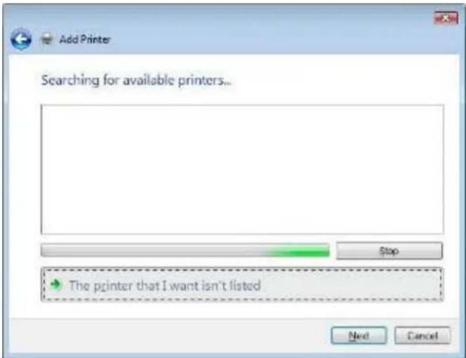 Add Printer Searching for available printers... Stop The printer that I want isn't listed Next Cancel