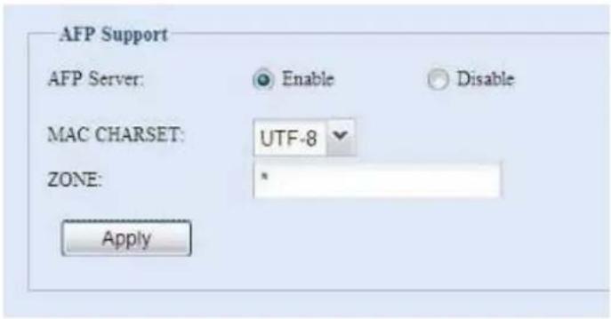 AFP Support AFP Server: Enable Disable MAC CHARSET: UTF-8 ZONE: * Apply