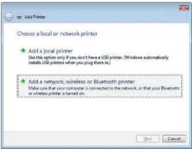 Add Printer Choose a local or network printer → Add a local printer Use this option only if you don't have a USB printer. (Windows automatically installs USB printers when you plug them in.) → Add a network, wireless or Bluetooth printer Make sure that your computer is connected to the network, or that your Bluetooth or wireless printer is turned on. Next Cancel