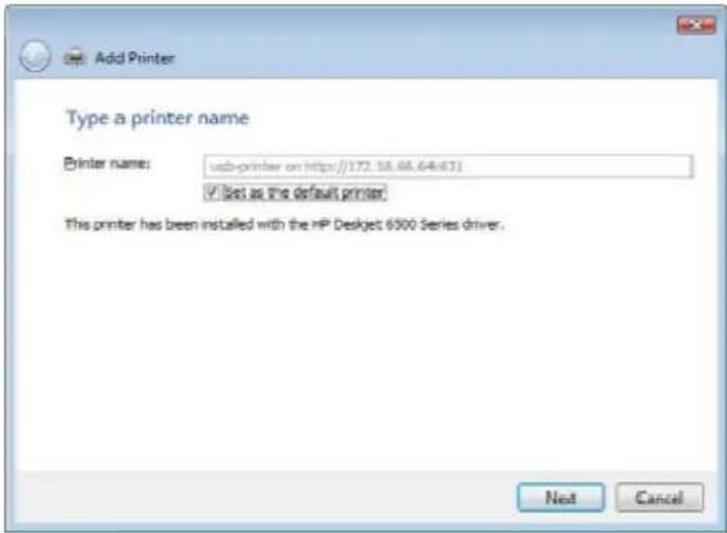 Add Printer Type a printer name Printer name: usb-printer on https://172.18.68.64-631 ✓ list as the default printer This printer has been installed with the HP Deskjet 6500 Series driver. Next Cancel
