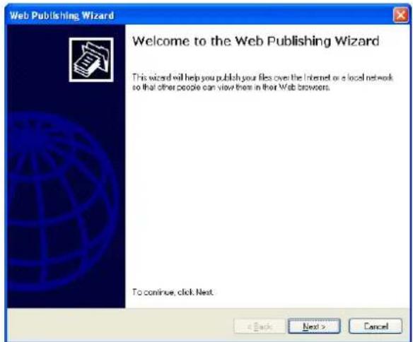 Web Publishing Wizard Welcome to the Web Publishing Wizard This wizard will help you publish your files over the Internet or a local network so that other people can view them in their Web browsers. To continue, click Next.