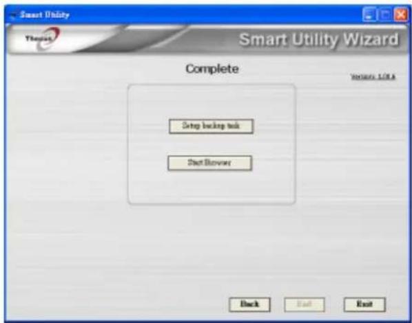 Smart Utility Wizard Complete Setup backup task Start Browser Back Next Exit