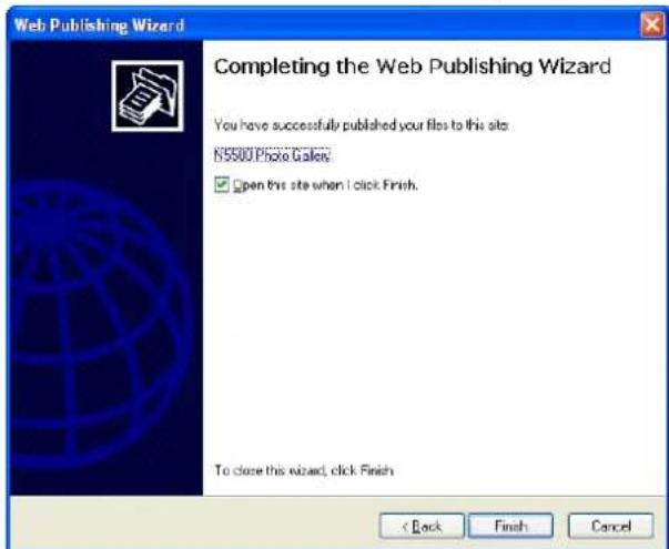 Web Publishing Wizard Completing the Web Publishing Wizard You have successfully published your files to this site: $5500 Photo Galies. ✓ Open this site when I click Finish. To close this wizard, click Finish < Back Finish Cancel