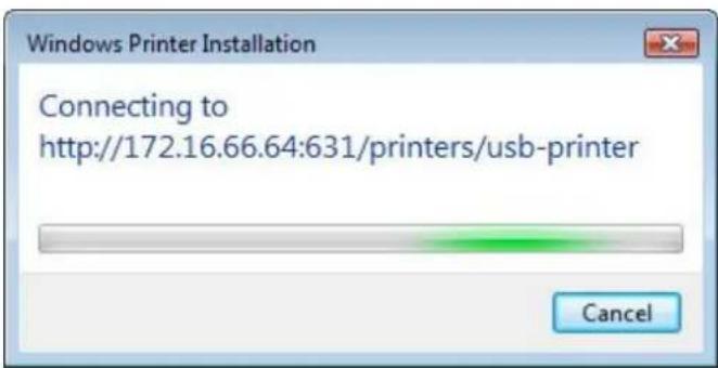 Windows Printer Installation Connecting to http://172.16.66.64:631/printers/usb-printer Cancel