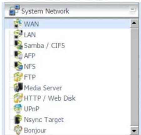 System Network WAN LAN Samba / CIFS AFP NFS FTP Media Server HTTP / Web Disk UPnP Nsync Target Bonjour