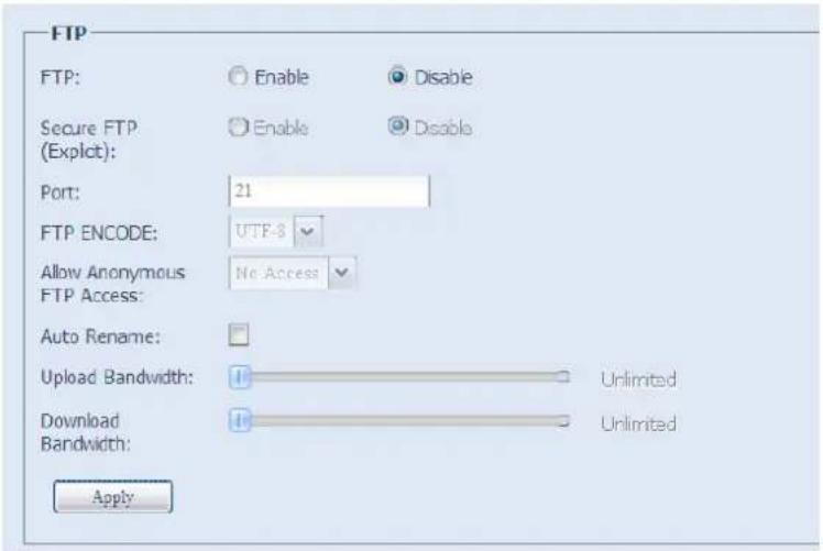 FTP FTP: Enable Disable Secure FTP (Explicit): Enable Disable Port: 21 FTP ENCODE: UTF-3 Allow Anonymous FTP Access: No Access Auto Rename: Upload Bandwidth: Unlimited Download Bandwidth: Unlimited Apply
