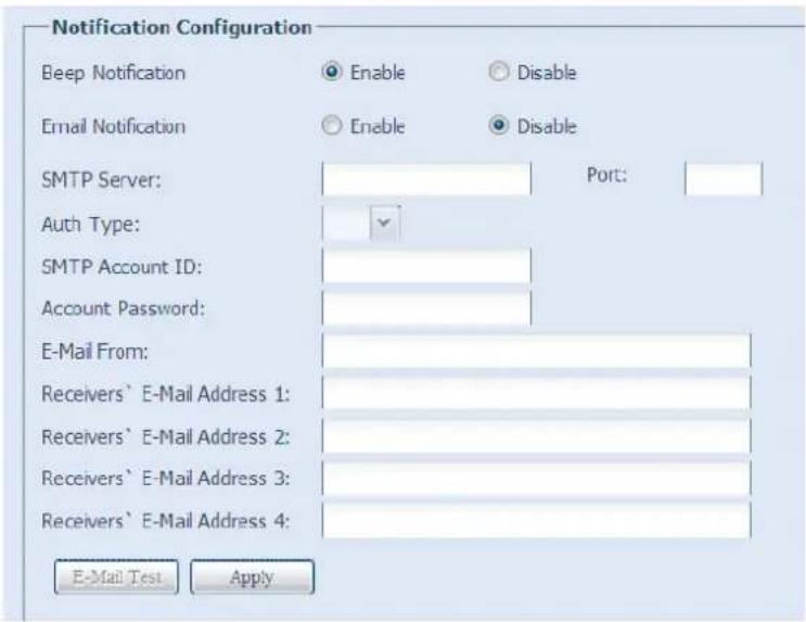 Notification Configuration Beep Notification Enable Disable Email Notification Enable Disable SMTP Server: Port: Auth Type: SMTP Account ID: Account Password: E-Mail From: Receivers' E-Mail Address 1: Receivers' E-Mail Address 2: Receivers' E-Mail Address 3: Receivers' E-Mail Address 4: E-Mail Test Apply
