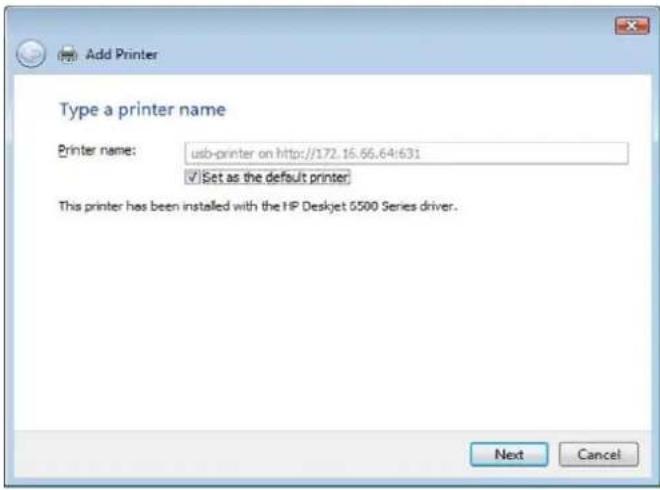 Add Printer Type a printer name Printer name: usb-printer on http://172.16.66.64/631 ✓Set as the default printer This printer has been installed with the HP Deskjet 5500 Series driver. Next Cancel