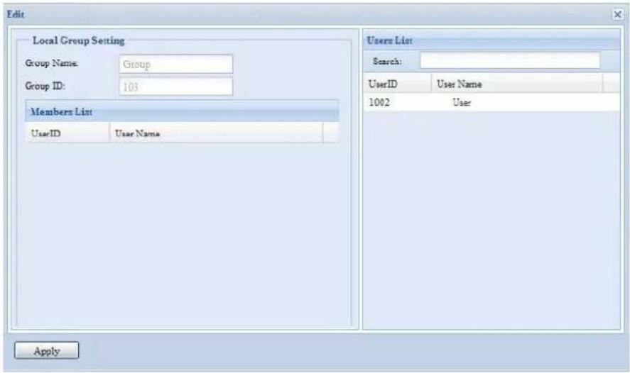 Edit Local Group Setting Group Name: Group Group ID: 103 Members List UserID User Name Users List Search: UserID User Name 1002 User Apply