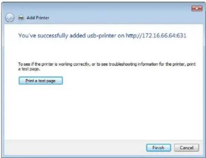You've successfully added usb-printer on http://172.16.66.64:631 To see if the printer is working correctly, or to see troubleshooting information for the printer, print a test page. Print a test page Finish Cancel