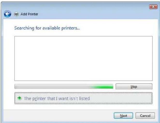 Add Printer Searching for available printers... Stop The printer that I want isn't listed Next Cancel