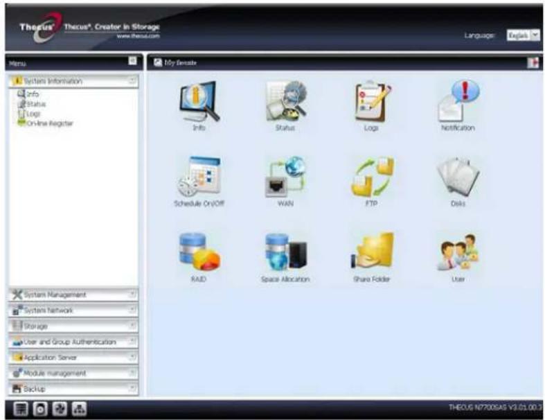 Thecus® Thecus® Creator in Storage www.thecus.com Language: English Menu Systems Information Info Status Logs On-line Register 10y Email Info Status Logs Notification Schedule On/OFF WAN FTP Disk RAID Space Allocation Share Folder User System Management System Network Storage User and Group Authentication Application Server Module management Backup THECUG N77009AS Y3.01.00.3