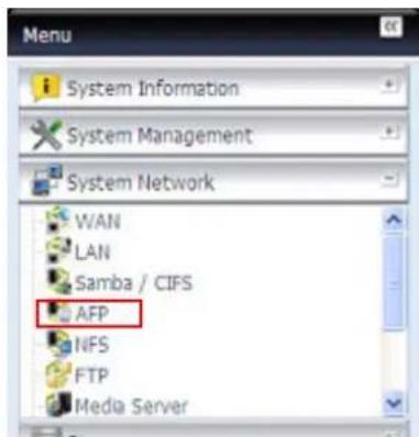 Menu System Information System Management System Network WAN LAN Samba / CIFS AFP NFS FTP Media Server