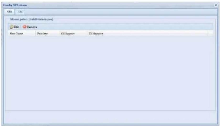 Config NFS share NFS Add Mount points: [vskllb-data/kyrne] Edit Remove Host Name Properties OS Support ID Mapping