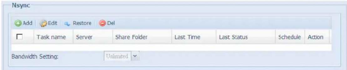Nsync Add Edit Restore Del Task name Server Share Folder Last Time Last Status Schedule Action Bandwidth Setting: Unlimited