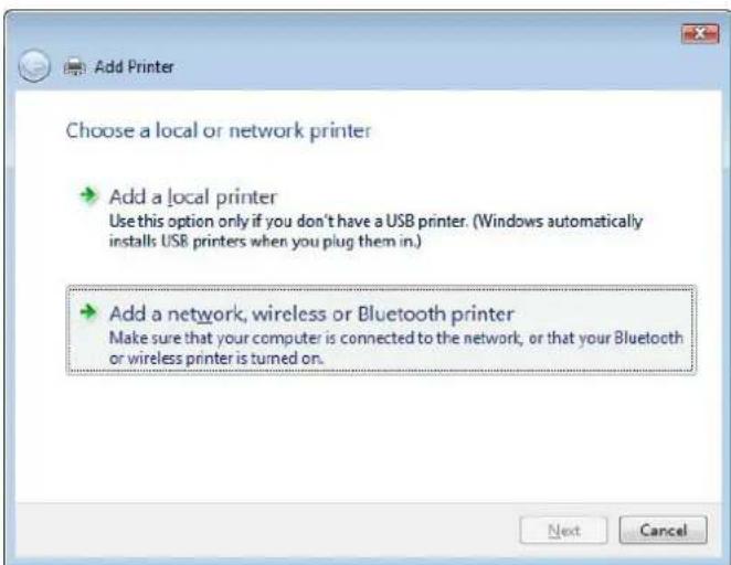 Add Printer Choose a local or network printer → Add a local printer Use this option only if you don't have a USB printer. (Windows automatically installs USB printers when you plug them in.) → Add a network, wireless or Bluetooth printer Make sure that your computer is connected to the network, or that your Bluetooth or wireless printer is turned on. Next Cancel