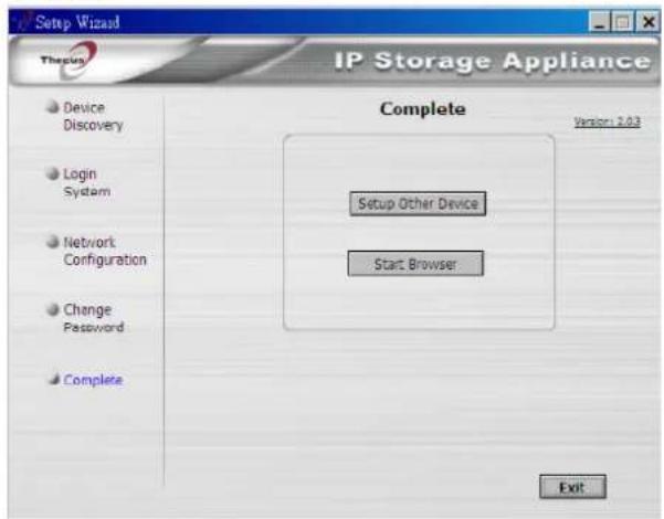 Setup Wizard Theory IP Storage Appliance Complete Version 1.03 Setup Other Device Start Browser Exit