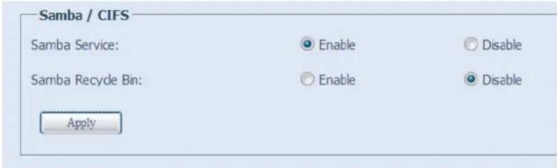 Samba / CIFS Samba Service: Enable Disable Samba Recycle Bin: Enable Disable Apply