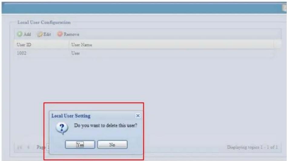 Local User Configuration Add Edit Remove User ID User Name 1002 User Local User Setting Do you want to delete this user? Yes No Displaying topics 1 - 1 of 1