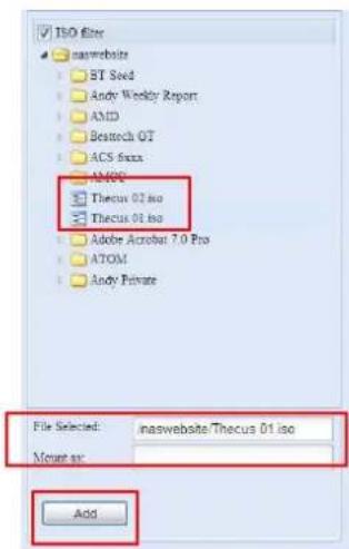 ISO filter naswebsite BT Seed Andy Weekly Report AMD Bestochi GT ACS fxxx AMSC Thecus 01 iso Thecus 01 iso Adobe Acrobat 7.0 Pro ATOM Andy Private File Selected: naswebsite/Thecus 01 iso Mount as: Add