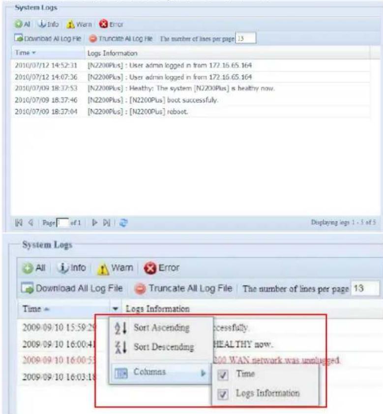 System Logs AI Info Warn Error Download All Log File Truncate All Log File The number of lines per page 13 Time Logs Information 2010/07/12 14:52:31 [N2200Plus] : User admin logged in from 172.16.65.164 2010/07/12 14:07:36 [N2200Plus] : User admin logged in from 172.16.65.164 2010/07/09 18:37:53 [N2200Plus] : Healthy: The system [N2200Plus] is healthy now. 2010/07/09 18:37:46 [N2200Plus] : [N2200Plus] boot successfully. 2010/07/09 18:37:04 [N2200Plus] : [N2200Plus] reboot. Displaying logs 1 - 5 of 5 System Logs All Info Warn Error Download All Log File Truncate All Log File The number of lines per page 13 Time Logs Information Sort Ascending Successfully. Sort Descending HEALTHY now. Columns 200 WAN network was unlugged Time Logs Information