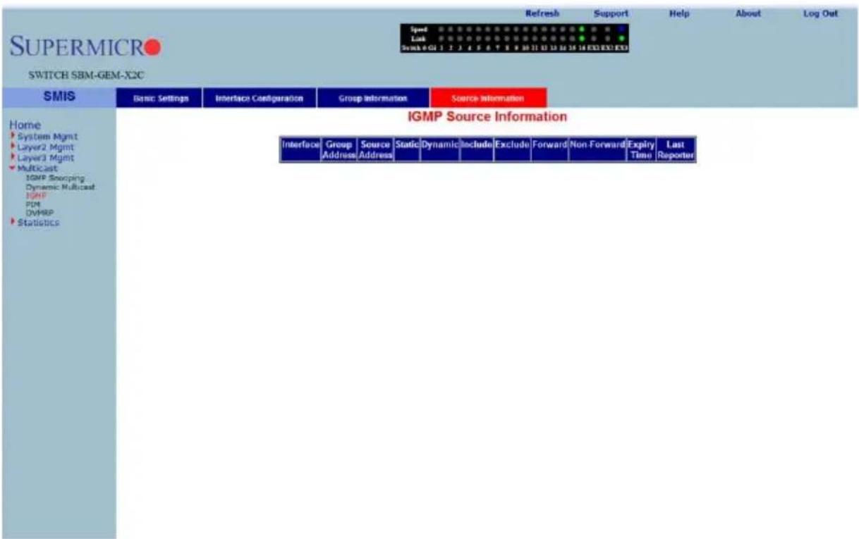 Refresh Support Help About Log Out SUPPORT Speed Lock Swish 4 GHz 1 2 3 4 5 6 7 8 9 10 11 12 13 14 15 16 17 18 EXE EXO EXO SWITCH SBM-GEM-X2C SMIS Basic Settings Interface Configuration Group Information Source Information Home System Mgmt Layer2 Mgmt Layer3 Mgmt Multicast IGMP Snooping Dynamic Multicast IGMP PDM DVMBP Statistics IGMP Source Information Interface Group Source Static Dynamic Include Exclude Forward Non-Forward Expiry Last Address Address Address Exchange Time Reporter