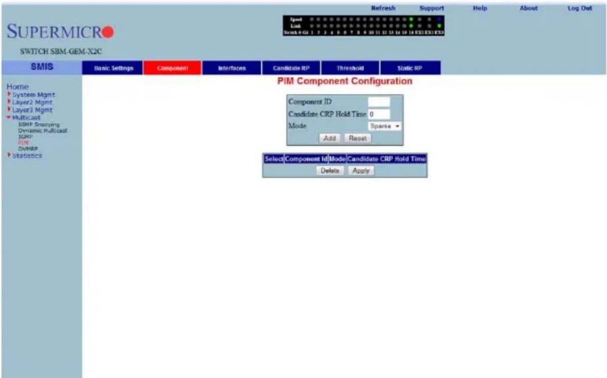 SUPERMICRO SWITCH SBM-GEM-X2C Speed Link Search 0.01 1 2 3 4 5 6 7 8 9 10 11 12 13 14 15 16 17 18 19 20 21 22 23 PIM Component Configuration Component ID Candidate CRP Hold Time 0 Mode Sparse Add Reset Select Component Id Mode Candidate CRP Hold Time Delete Apply