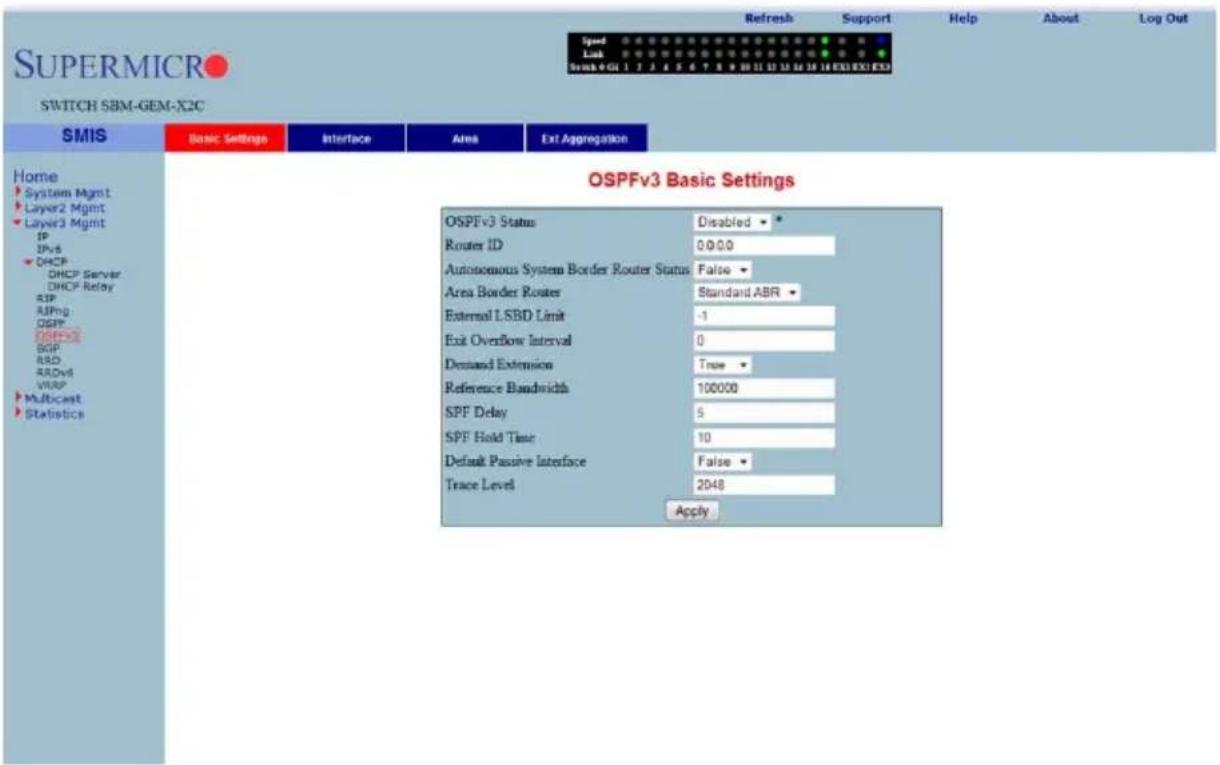 SUPERMICRO SWITCH SBM-GEM-X2C SMIS Home System Mgmt Layer2 Mgmt Layer3 Mgmt IP IPv6 DHCP DHCP Server DHCP Relay SIP AIPng OSPF OSPF02 BGP RSD RADv8 VRSP Multicast Statistics Basic Settings Interface Area Exit Aggregation OSPFv3 Basic Settings OSPFv3 Status Disabled * Router ID 00000 Autonomous System Border Router Status False * Area Border Router Standard ABR * External LSBD Limit -1 Exit Overflow Interval 0 Demand Extension True * Reference Bandwidth 100000 SPF Delay 5 SPF Hold Time 10 Default Passive Interface False * Trace Level 2048 Apply
