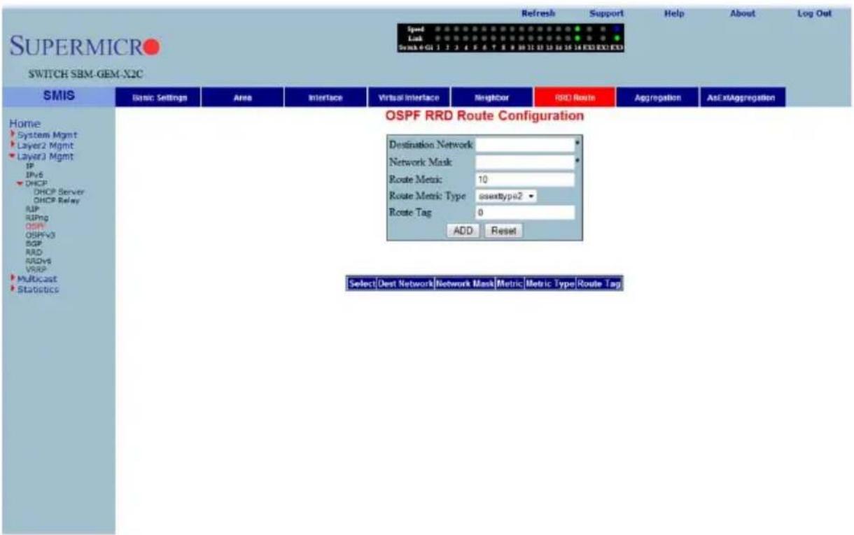 SUPERMICRO SWITCH SBM-GEM-X2C Speed Lock Switch 4:01 1 2 3 4 5 6 7 8 9 10 11 12 13 14 15 16 17 18 EXE EXO EXO Refresh Support Help About Log Out Home System Mgmt Layer2 Mgmt Layer3 Mgmt IP IPv6 DHCP DHCP Server DHCP Relay RUP RIPng OSPF OSPFV3 BGP RAD RADv6 VRSP Multicast Statistics Basic Settings Area Interface Virtual Interface Neighbor RDQ Route Aggregation Asf xtAggregation OSPF RRD Route Configuration Destination Network Network Mask Route Metric: 10 Route Metric Type: ssxxtypo2 Route Tag: 0 ADD Reset Select Dest Network Network Mask Metric Metric Type Route Tag