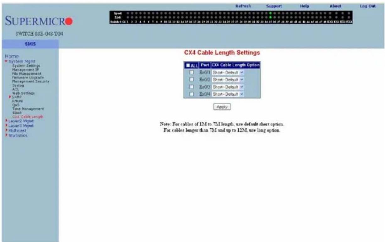 SUPERMICRO SWITCH SSE-G48-TG4 SMIS Home System Mgmt System Settings Management SF File Management Firmware Upgrade Management Security Syslog ACL Web Settings SNMP RMON QoS Time Management Stack CX4 Cable Length Layer2 Mgmt Layer3 Mgmt Multicast Statistics CX4 Cable Length Settings ALL Port CX4 Cable Length Option ExN1 Shout-Default ExN2 Shout-Default ExN3 Shout-Default ExN4 Shout-Default Apply Note: For cables of 1M to 7M length, use default short option. For cables longer than 7M and up to 12M, use long option.