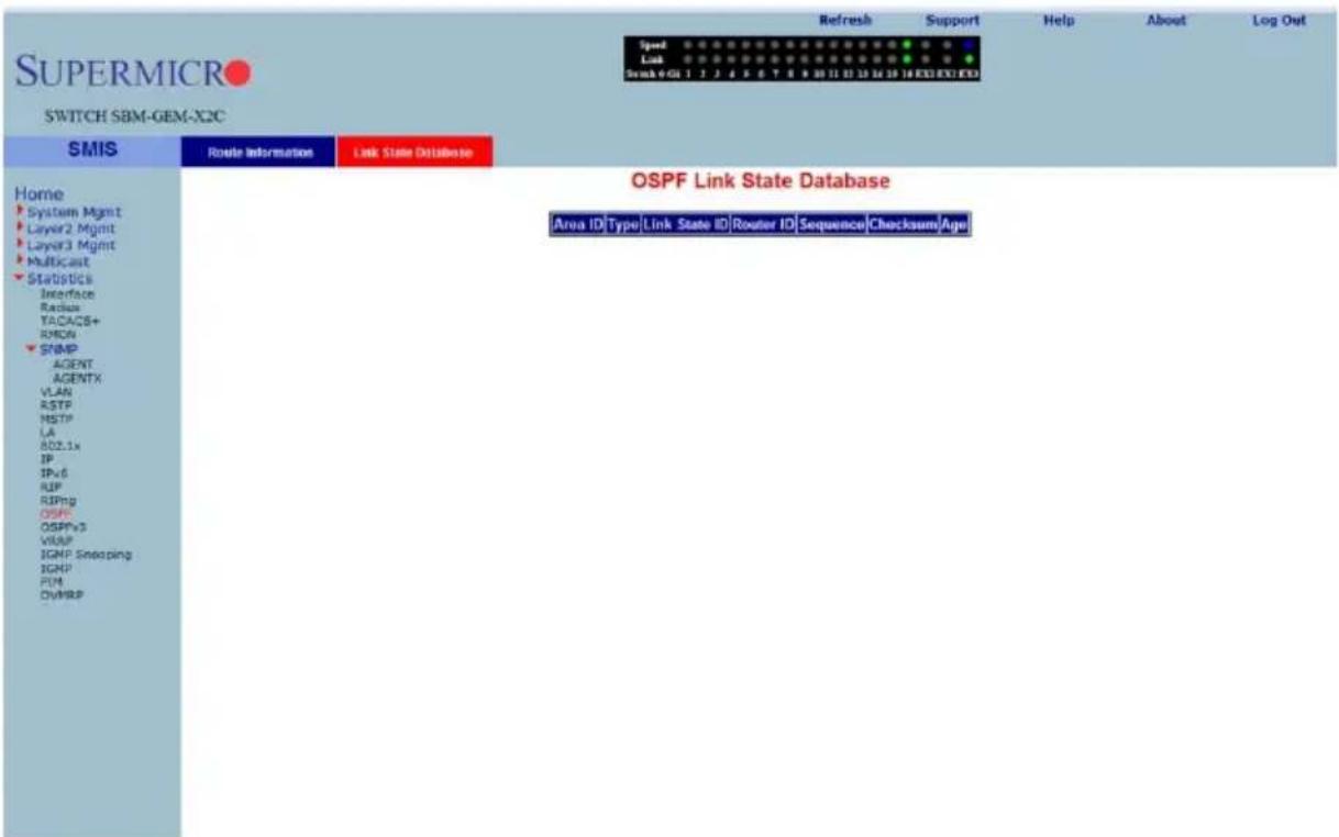 SUPERMICRO SWITCH SBM-GEM-X2C SMIS Route Information Link State Database Home System Mgmt Layer2 Mgmt Layer3 Mgmt Multicast Statistics Interface Radius TACACS+ RMON SNMP AGENT AGENTX VLAN RSTP HSTP LA 802.1x IP IPv6 RUP RIPing OSPP OSPPx3 VIUIP IGNP Snapping IGNP PUM DVMRP OSPF Link State Database Area ID|Type|Link State ID|Router ID|Sequence|Checksum|Age