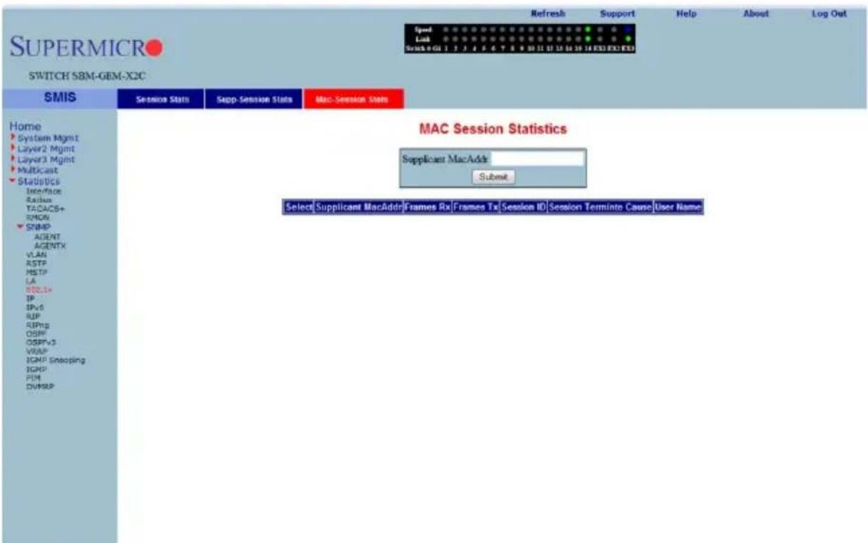 SUPERMICRO SWITCH SBM-GEM-X2C SMIS Service Stats Step-Session Stats Mac-Session Stats Home System Mgmt Layer2 Mgmt Layer3 Mgmt Multicast Statistics Interface Radius TACACS+ RMGN SNMP AGENT AGENTX VLAN RSTP MSTP LA SCL1+ IP IPx5 RUP RIPing OSPF OSPFx5 VRAP IGMP Snooping IGMP FIM DVMRP MAC Session Statistics Supplicant MacAddr Submit Select[Supplicant MacAddr]Frames Rx |Frames Tx |Session ID |Session Terminto Cause |User Name