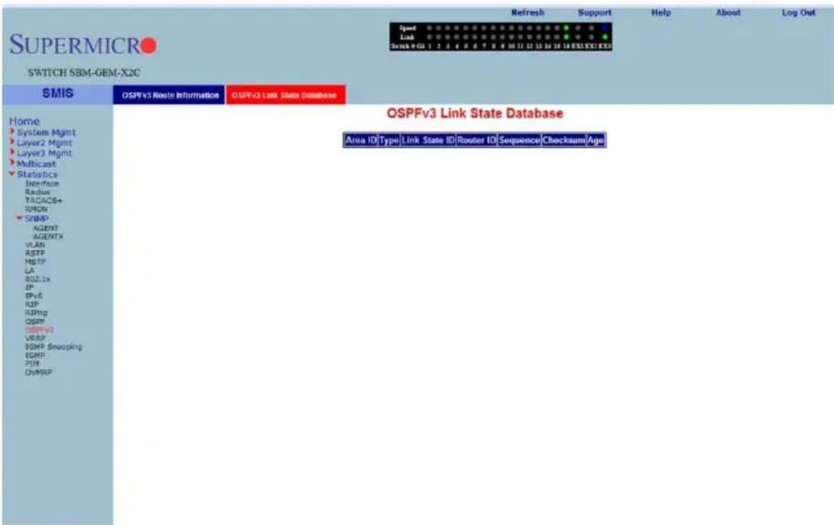 SUPERMICRO SWITCH SBM-GEM-X2C SMIS OSPFv3 Route Information OSPFv3 Link State Database Home System Mgmt Layer2 Mgmt Layer3 Mgmt Multicast Statistics Interface Radius TACACS+ RMON SNMP AGENT AGENTX VLAN RSTP NSTP LA 802.1x IP IPv6 RIP RIPing OSPF OSPFv3 VRAP IGMP Snapping IGMP POM DVMRP OSPFv3 Link State Database Area ID|Type|Link State ID|Router ID|Sequence|Checkaum/Age