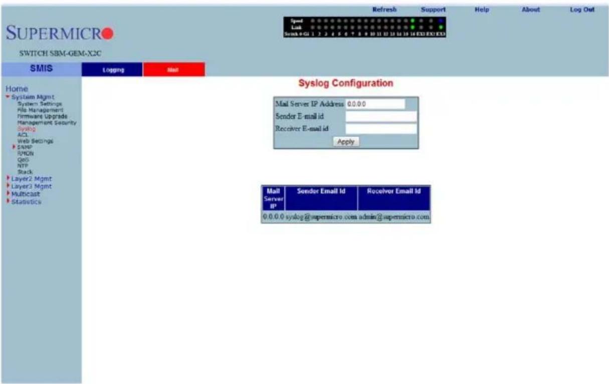 SUPERMICRO SWITCH SBM-GEM-X2C Speed Link Send 9 GU 1 2 3 4 5 6 7 8 9 10 11 12 13 14 15 16 EXE EXE EXO Refresh Support Help About Log Out Home System Mgmt System Settings File Management Firmware Upgrade Management Security Syslog ACL Web Settings SNMP RMON QoS NTP Stack Layer2 Mgmt Layer3 Mgmt Multicast Statistics Simis Logging Mail Syslog Configuration Mail Server IP Address 0.0.0.0 Sender E-mail id: Receiver E-mail id: Apply Mail Server IP Sender Email Id Receiver Email Id 0.0.0.0 syslog@supermicro.com admin@supermicro.com