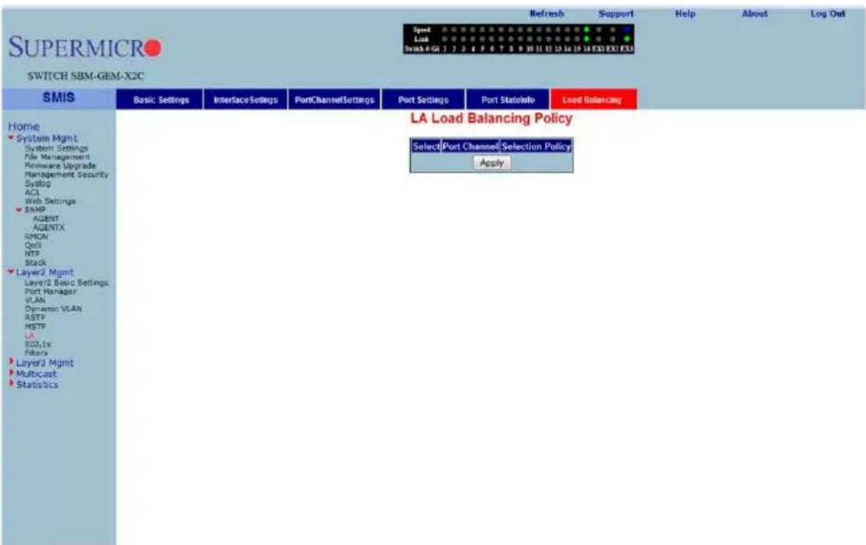 SUPERMICRO SWITCH SBM-GEM-X2C Refresh Support Help About Log Out Speed Link Switch 0 GU 1 2 3 4 5 6 7 8 9 10 11 12 13 14 15 16 EXI EXI EXI Home System Mgmt System Settings File Management Firmware Upgrade Management Security Syslog ACL Web Settings SNMP AGENT AGENTX SIMON QoB NTP Stack Layer2 Mgmt Layer2 Basic Settings Port Manager VLAN Dynamic VLAN RSTP HSTP LA 802.1x Filters Layer3 Mgmt Multicast Statistics LA Load Balancing Policy Select Port Channel Selection Policy Apply