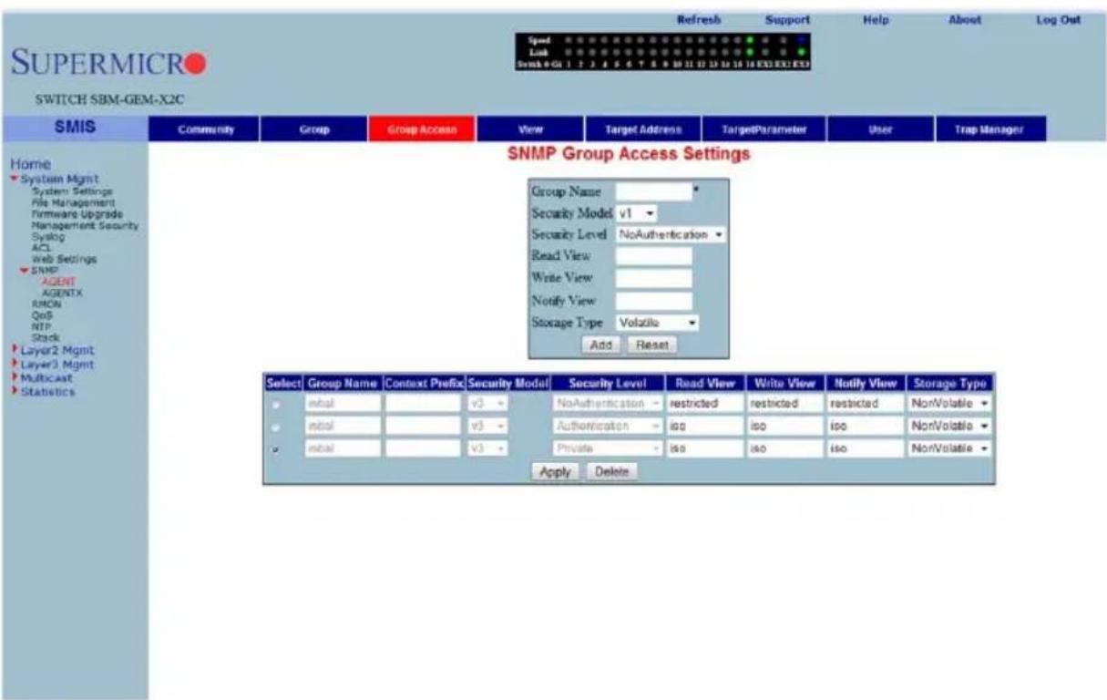 SUPERMICRO SWITCH SBM-GEM-X2C Speed Look Smb 401 1 2 3 4 5 6 7 8 9 10 11 12 13 14 15 16 EXO EXO EXO Refresh Support Help About Log Out SNMP Group Access Settings Group Name Security Model v1 Security Level NoAuthentication Read View Write View Notify View Storage Type Volatile Add Reset Select Group Name Context Prefix Security Model Security Level Read View Write View Notify View Storage Type mbal v3 NoAuthentication restricted restricted restricted NonVolatile mbal v3 Authentication ISO ISO NonVolatile mbal v3 Private ISO ISO NonVolatile Apply Delete