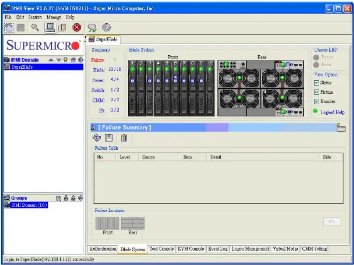 TPMI View Y2.6.37 (build 071213) - Super Micro Computer, Inc. File Edit Session Manage Help SuperMICO® IPMI Domain SuperBlade Summary Failure: Blade: 10 / 10 Power: 4 / 4 Switch: 1 / 2 CMK: 2 / 2 JB: 0 / 2 Blade System Front Exit Cheese LED Power Error View Option Status Picture Number Legend Help [ Failure Summary ] Failure Table No Level Source Item Detail Side Failure Location Front Rear Authentication Blade System Text Console KVM Console Event Log Logon Management Virtual Media CMM Setting Login to SuperBlade(192.168.1.112) successfully