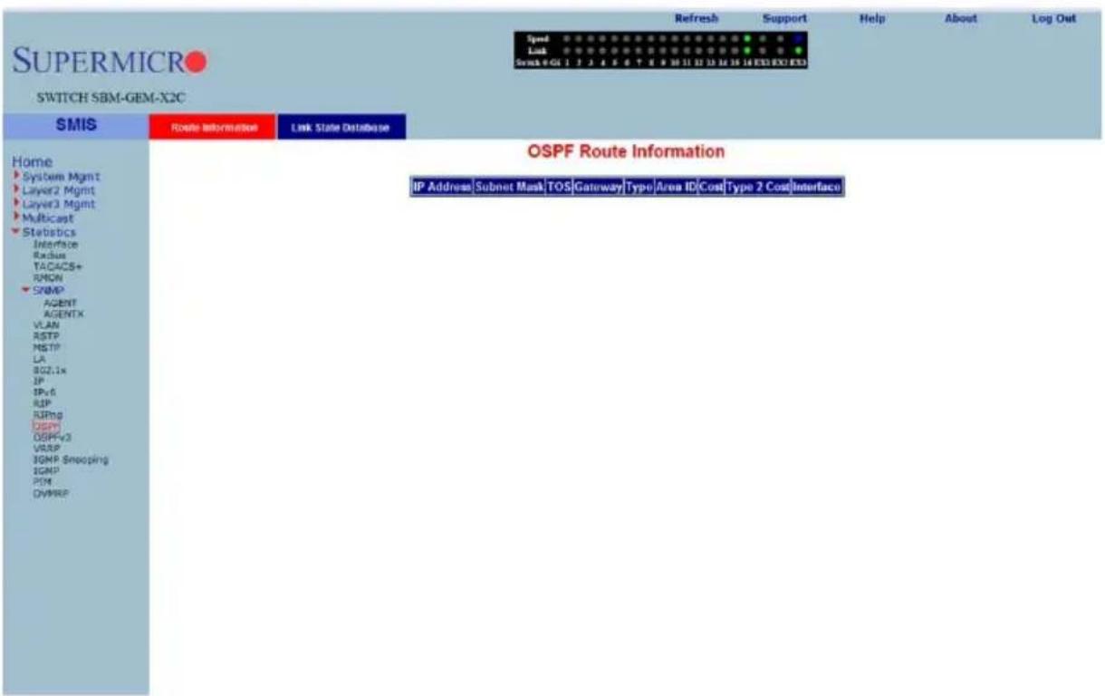SUPERMICRO SWITCH SBM-GEM-X2C SMIS Route Information Link State Database Home System Mgmt Layer2 Mgmt Layer3 Mgmt Multicast Statistics Interface Radius TACACS+ RMON SNMP AGENT AGENTX VLAN RSTP MSTP LA 802.1x IP IPv6 RIP RIP# OSPF OSPF+3 VRSP IGMP Snapping IGMP POM DVMP# OSPF Route Information IP Address Subnet Mask TOS Gateway Type Area ID Cost Type 2 Cost Interface
