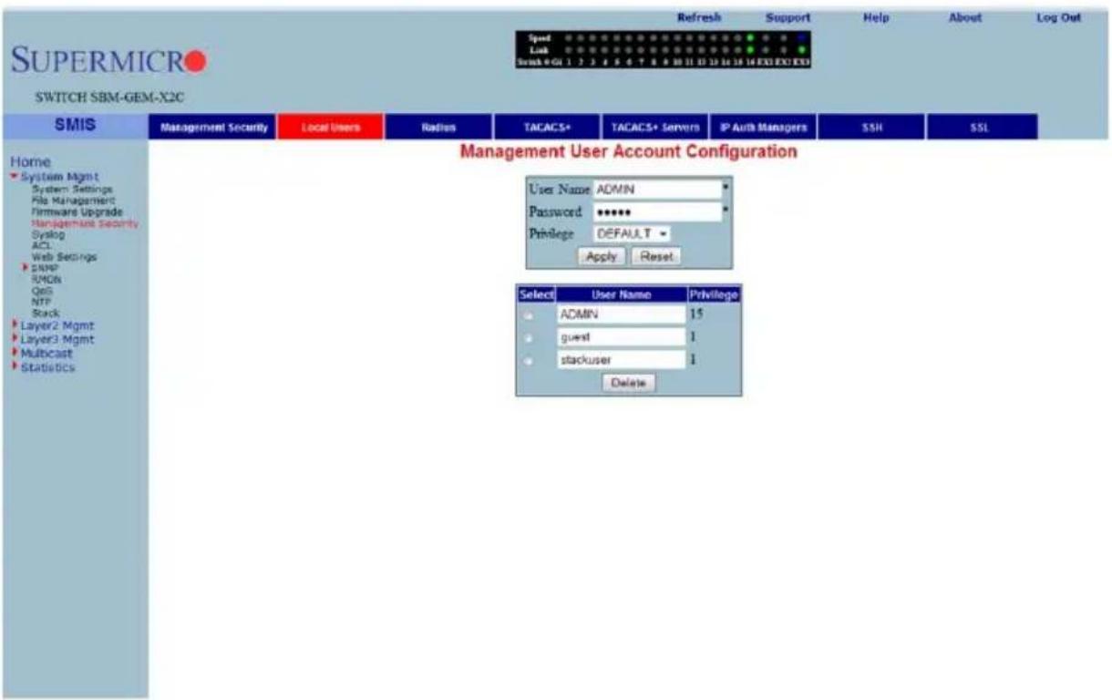 SUPERMICRO SWITCH SBM-GEM-X2C Speed Lock Break + Gl 1 2 3 4 5 6 7 8 9 10 11 12 13 14 15 16 EXI EXI EXI SMIS Management Security Local Users Radius TACACS+ TACACS+ Servers IP Auth Managers SSH SSL Home System Mgmt System Settings File Management Firmware Upgrade Management Security Syslog ACL Web Settings SNMP SMDs QoS NTP Stack Layer2 Mgmt Layer3 Mgmt Multicast StatusDCs Management User Account Configuration User Name ADMIN * Password ***** Privilege DEFAULT * Apply Reset Select User Name Privilege ADMIN 15 guest 1 stackuser 1 Delete