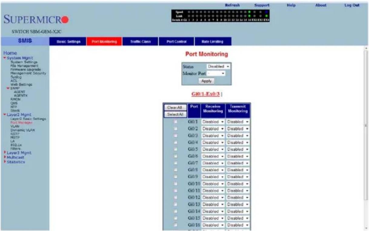 SUPERMICRO SWITCH SBM-GEM-X2C Speed Lock Switch 4 G1 1 2 3 4 5 6 7 8 9 10 11 12 13 14 15 16 EXO EXO Refresh Support Help About Log Out Home System Mgmt System Settings File Management Firmware Upgrade Management Security Syslog ACL Web Settings SNMP AGENT AGENTX RMON QoS NTP Stack Layer2 Mgmt Layer2 Basic Settings Port Manager VLAN Dynamic VLAN RSTP NESTP LA 802.Lx Fibers Layer3 Mgmt Multicast Statistics Port Monitoring Status Disabled Monitor Port Apply G10/1-Ex0/3 Clear All Select All Port Receive Monitoring Transmit Monitoring G0/1 Disabled Disabled G0/2 Disabled Disabled G0/3 Disabled Disabled G0/4 Disabled Disabled G0/5 Disabled Disabled G0/6 Disabled Disabled G0/7 Disabled Disabled G0/8 Disabled Disabled G0/9 Disabled Disabled G0/10 Disabled Disabled G0/11 Disabled Disabled G0/12 Disabled Disabled G0/13 Disabled Disabled G0/14 Disabled Disabled G0/15 Disabled Disabled G0/16 Disabled Disabled