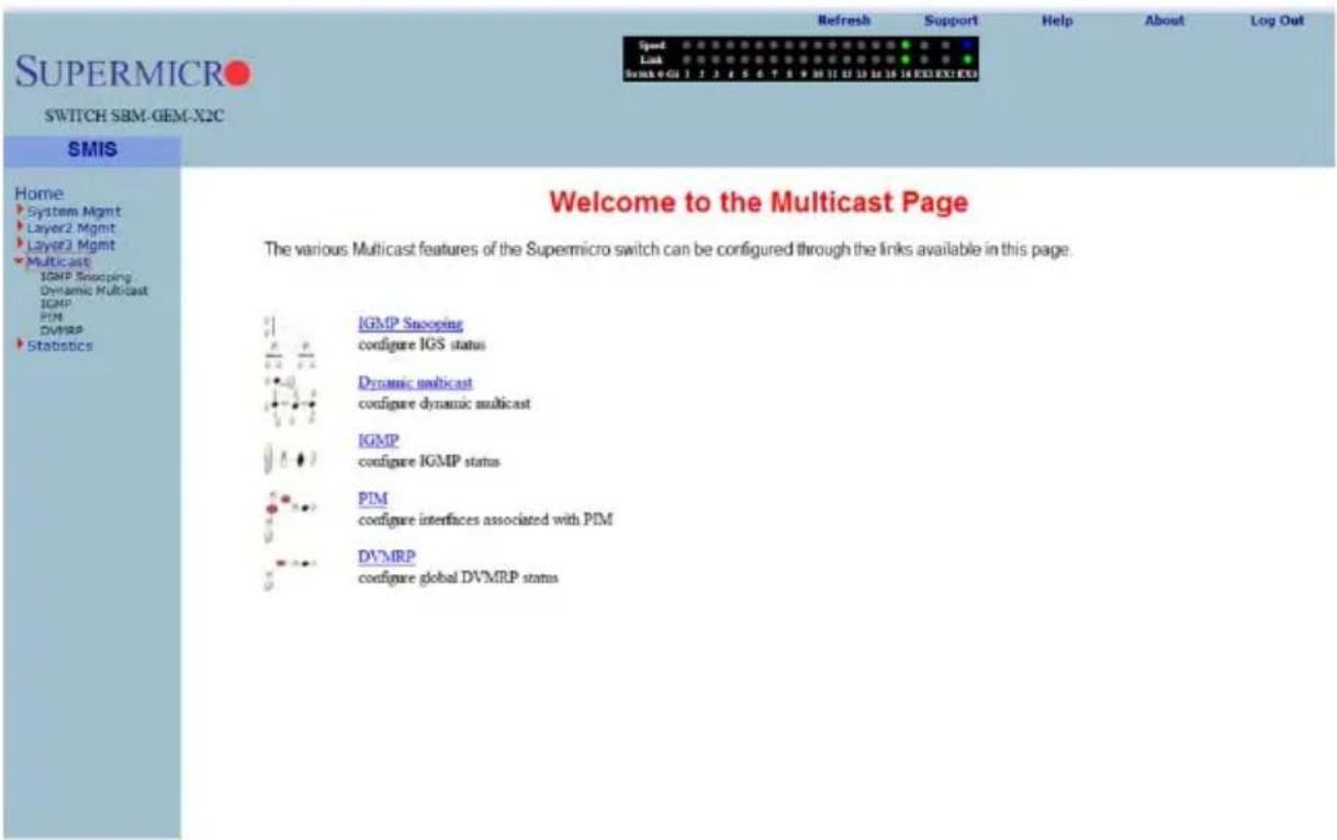 SUSPERMICRO SWITCH SBM-GEM-X2C SMIS Home System Mgmt Layer2 Mgmt Layer3 Mgmt Multicast IGMP Snooping Dynamic Multicast IGMP PIM DVMRP Statistics Welcome to the Multicast Page The various Multicast features of the Supermicro switch can be configured through the links available in this page. IGMP Snooping configure IGS status Dynamic multicast configure dynamic multicast IGMP configure IGMP status PIM configure interfaces associated with PEM DVMRP configure global DVMRP status