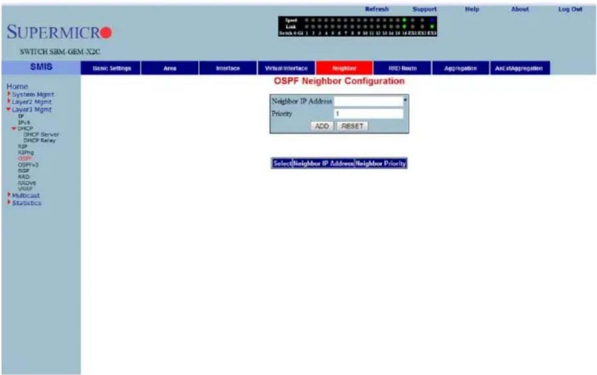 SUPERMICRO SWITCH SBM-GEM-X2C SPend Link Scan 0 CI 1 2 3 4 5 6 7 8 9 10 11 12 13 14 15 16 EXE EXE EXE Refresh Support Help About Log Out Home System Mgmt Layer2 Mgmt Layer3 Mgmt IP IPv6 DHCP DHCP Server DHCP Relay RJP SUPng OSPF OSPFv3 DSP RAD RDVs VRSFP Multicast Statistics Basic Settings Area Interface Virtual Interface Neighbor RRD Route Aggregation An ExtAggregation OSPF Neighbor Configuration Neighbor IP Address Priority 1 ADD RESET Select Neighbor IP Address/Neighbor Priority